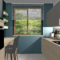 Wizualizacja kuchni w odcieniach szarości i drewna z oknem na las, minimalistyczna aranżacja z roślinami w doniczkach na półkach przy oknie.