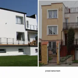 Porównanie elewacji domu przed i po remoncie: odcień beżowy zastąpiony bielą, dodane nowoczesne balustrady balkonowe, odświeżony wygląd.