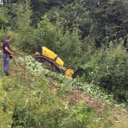 Żółta maszyna gąsienicowa zdalnie sterowana przez operatora na zboczu zarośniętym zielenią, po wycince roślinności.