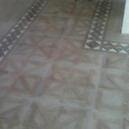 Ruthenia-Group Sp.z o.o - Beżowa podłoga wyłożona płytkami z wzorem gwiazdy, obramowana dekoracyjnym pasem płytek z geometrycznym motywem, z widocznym w tle psem rasy jamnik.