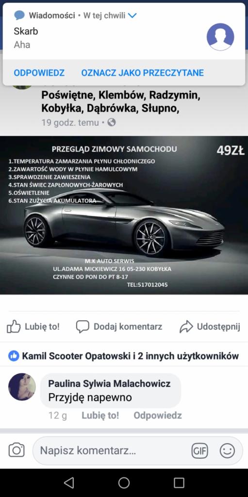 Grafika reklamowa przeglądu zimowego samochodu, oferowanego przez M.K Auto Serwis w Kobyłce, z ilustracją srebrnego, sportowego auta i listą kontrolną obejmującą temperaturę zamarzania płynu...