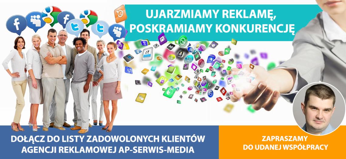Zespół agencji reklamowej prezentuje ofertę usług z ikonami aplikacji i social mediów unoszącymi się nad dłonią, obok portret specjalisty.