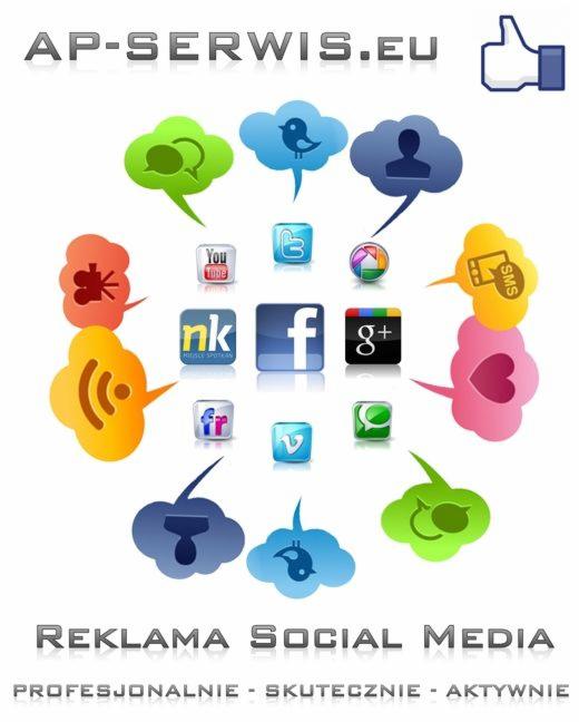 Grafika przedstawiająca kolorowe ikony mediów społecznościowych, ułożone w okrąg, z hasłem 'Reklama Social Media' na dole.