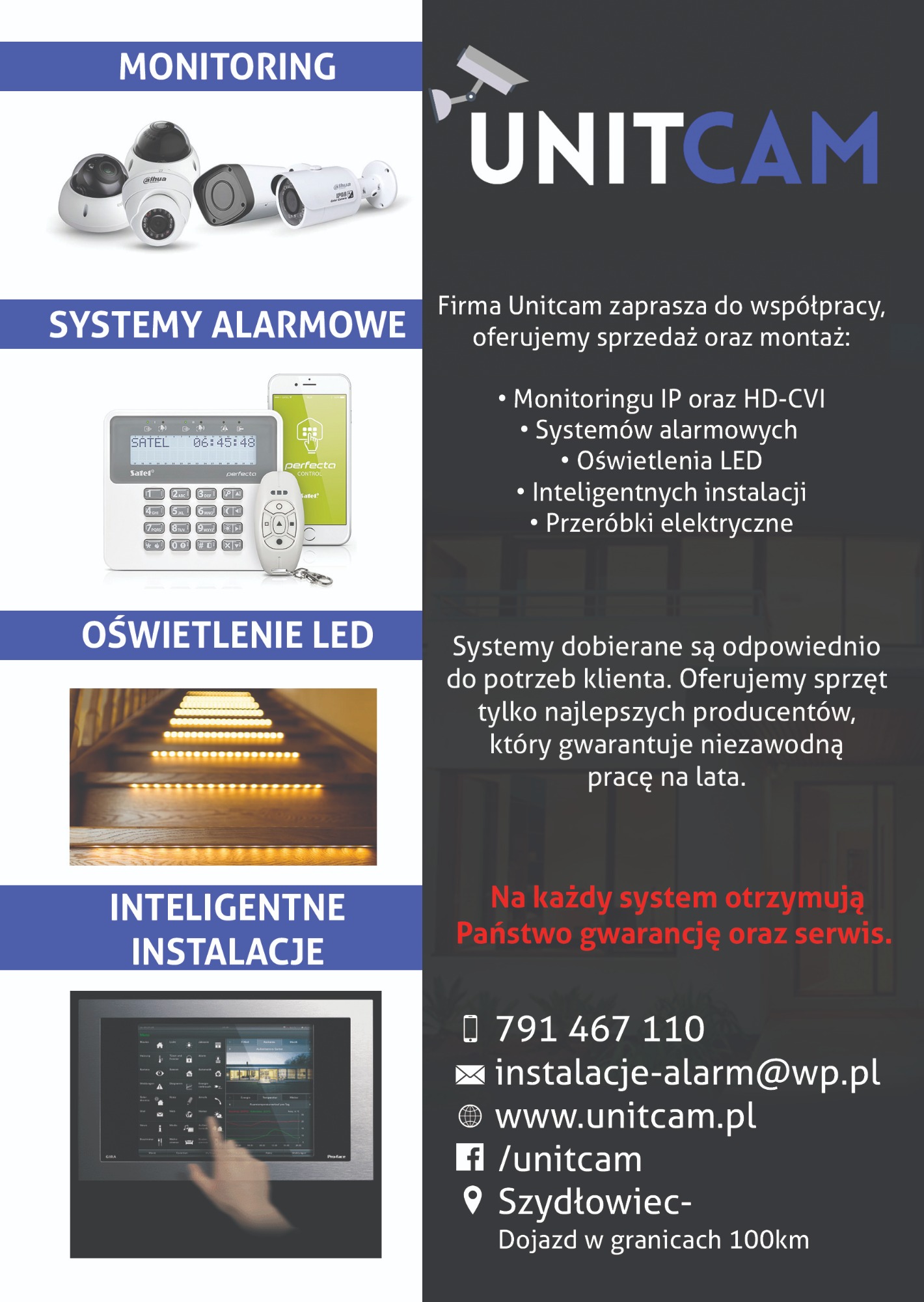 Ulotka reklamowa firmy Unitcam prezentująca monitoring wizyjny, systemy alarmowe, oświetlenie LED i inteligentne instalacje, z numerem telefonu i adresem strony internetowej.