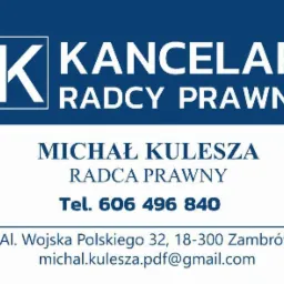 Wizytówka Kancelarii Radcy Prawnego Michała Kuleszy z Zambrowa, zawierająca logo, dane kontaktowe i adres.
