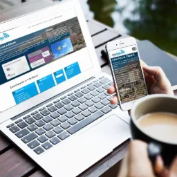 Laptop i smartfon wyświetlają stronę internetową o nazwie IntelGlob oferującą Internet w Albanii, obok filiżanka kawy i notes na drewnianym stole.