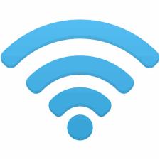 Niebieski ikona Wi-Fi na białym tle, symbolizująca bezprzewodową sieć.