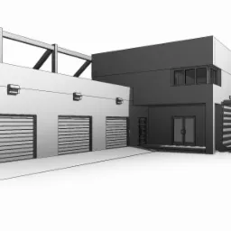 Wizualizacja 3D nowoczesnego domu z garażem na trzy samochody i zadaszonym patio z meblami ogrodowymi.