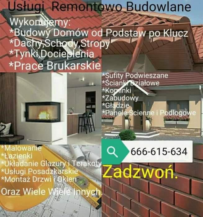 Ulotka reklamowa firmy remontowo-budowlanej prezentująca zakres usług: dachy, schody, prace brukarskie, sufity, zabudowy, malowanie, łazienki, układanie glazury, montaż drzwi i okien. Widoczne...
