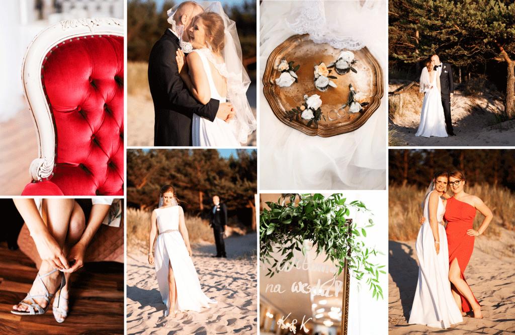 Kompozycja zdjęć ślubnych: para młoda w objęciach na plaży, panna młoda poprawiająca buty, dekoracje kwiatowe na tacy, czerwony fotel, dwie kobiety w sukienkach na tle plaży, lustro z napisem '...
