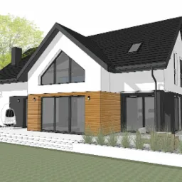 Wizualizacja nowoczesnego domu jednorodzinnego z czarnym dachem, białymi ścianami i drewnianą elewacją, z dużymi przesuwnymi oknami i tarasem z białymi schodami oraz wiszącym fotelem.