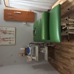 Zielony stół do masażu z regulowanym zagłówkiem, widoczny plakat z układem mięśni człowieka na ścianie, drewniana podłoga