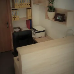 Biuro z jasnym drewnianym biurkiem, czarnym krzesłem obrotowym, regałem z segregatorami oznaczonymi 'e-biura', drukarką i rośliną doniczkową na półce.