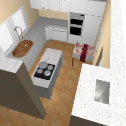 Wizualizacja 3D kuchni z białymi szafkami, granitowym blatem, brązowym zlewem i wyspą kuchenną z czarną płytą grzewczą, widok z góry.