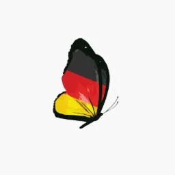 Grafika motyla z flagą Niemiec na skrzydłach, symbolizująca naukę języka niemieckiego lub tłumaczenia z/na język niemiecki. Białe tło.