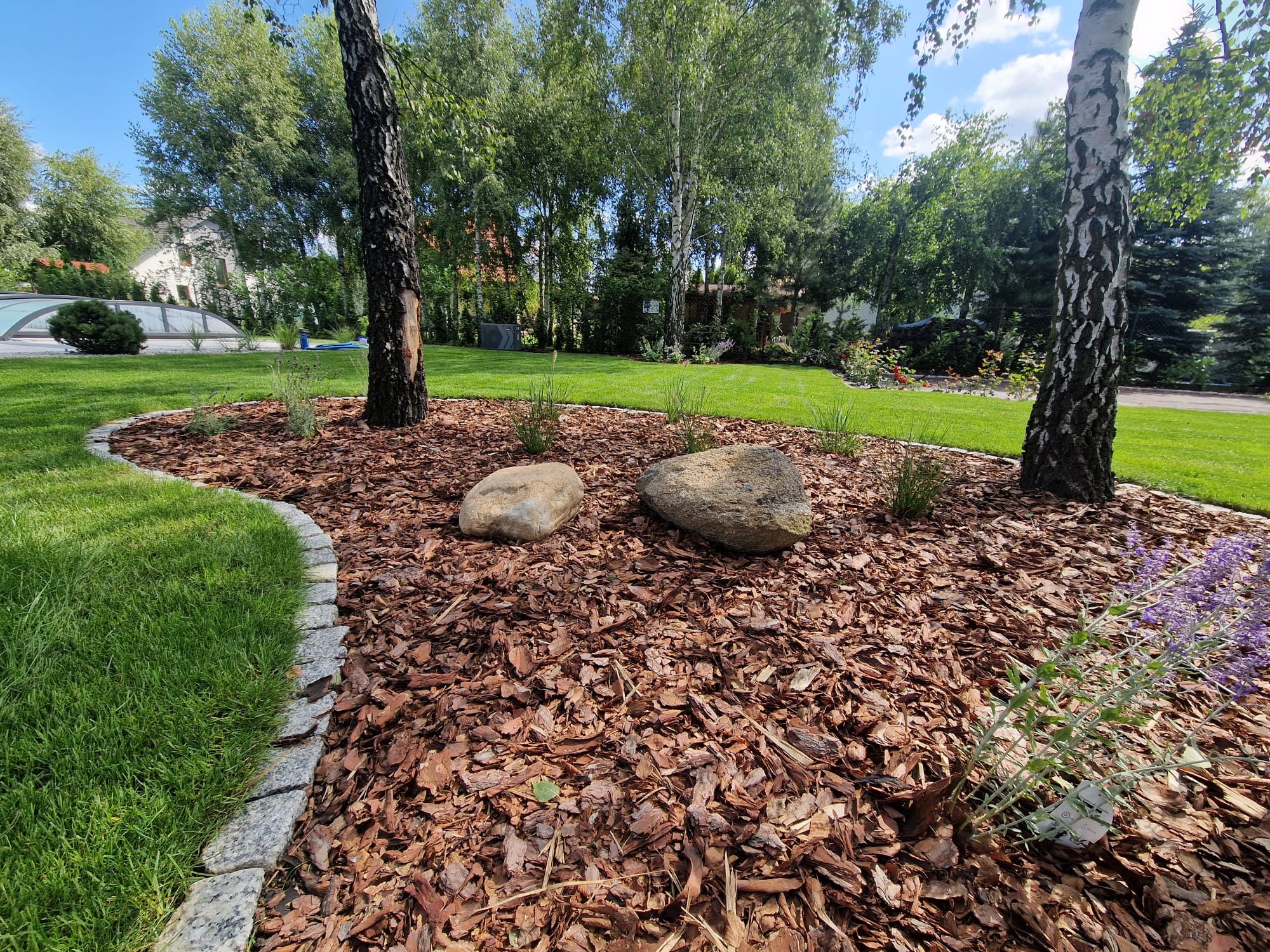 Uporządkowany ogród z korą, kamieniami i obrzeżem z kostki granitowej. Na trawniku widoczne drzewa i krzewy. W tle zarys domu z zadaszonym basenem.