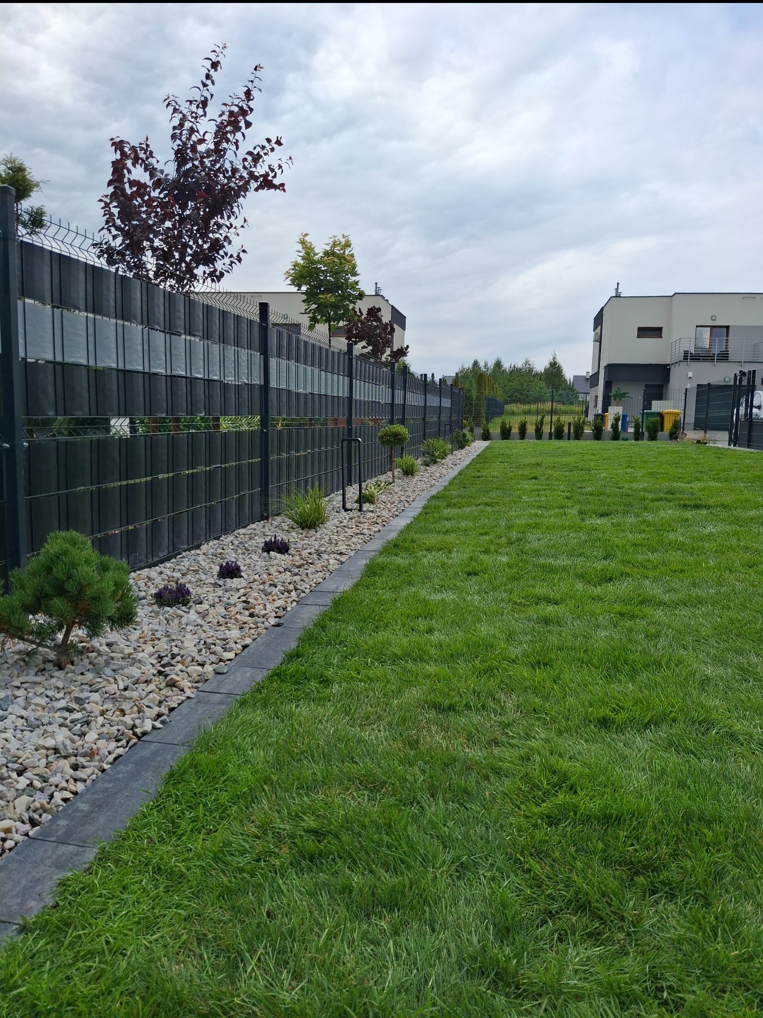 Zadbany trawnik z obrzeżem z kamyków i niskimi roślinami, ogrodzony nowoczesnym płotem panelowym. W tle widoczne nowoczesne domy jednorodzinne.