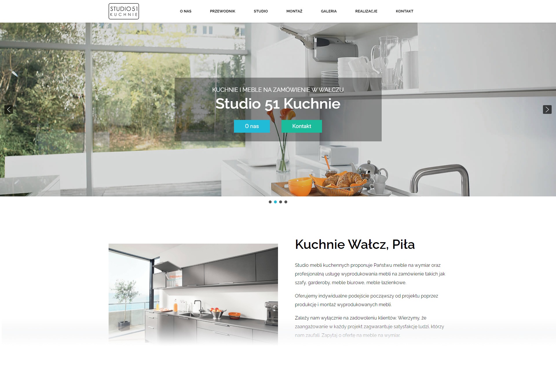 Strona internetowa firmy Studio 51 Kuchnie prezentująca aranżacje kuchni i mebli na zamówienie w Wałczu, z widocznym menu nawigacyjnym i elementami graficznymi.