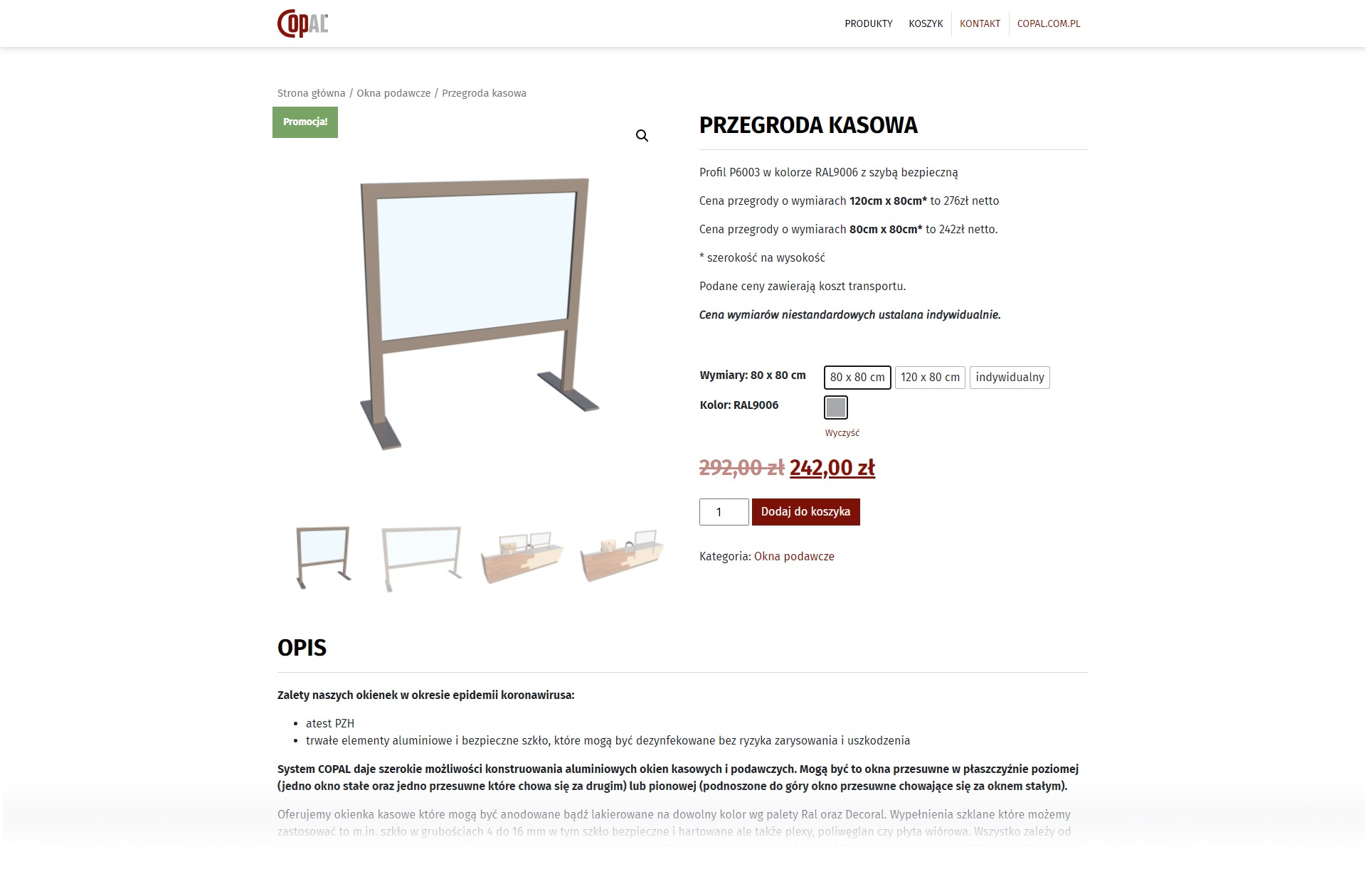 Zdjęcie ekranu strony internetowej sklepu Copal prezentujące przegrodę kasową z profilem P6003 w kolorze RAL9006, szybą bezpieczną, z podanymi wymiarami i cenami, oraz opisem zalet w okresie...