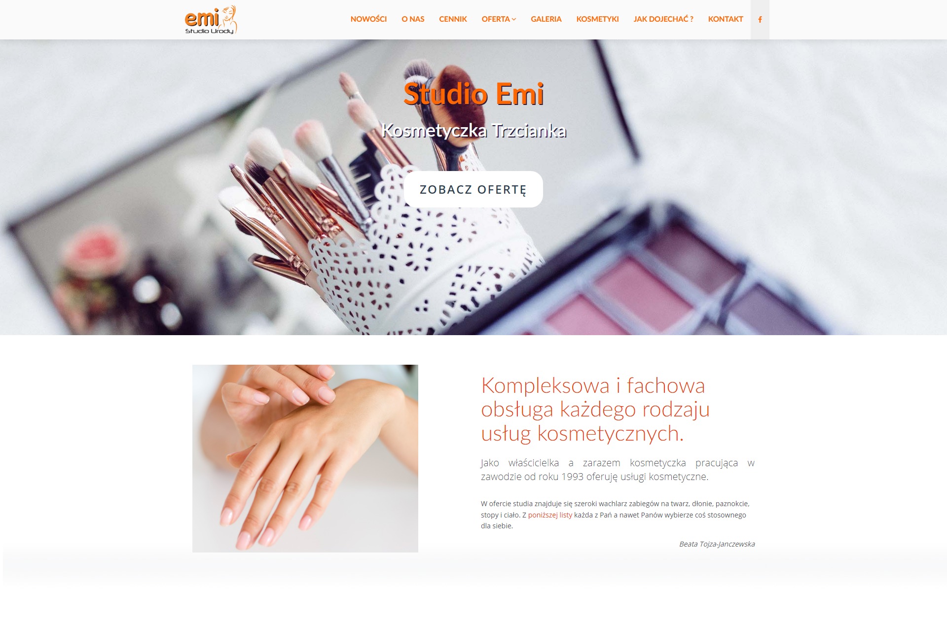 Strona internetowa Studio Emi z kosmetykami i pędzlami do makijażu, prezentująca ofertę kosmetyczki z Trzcianki.