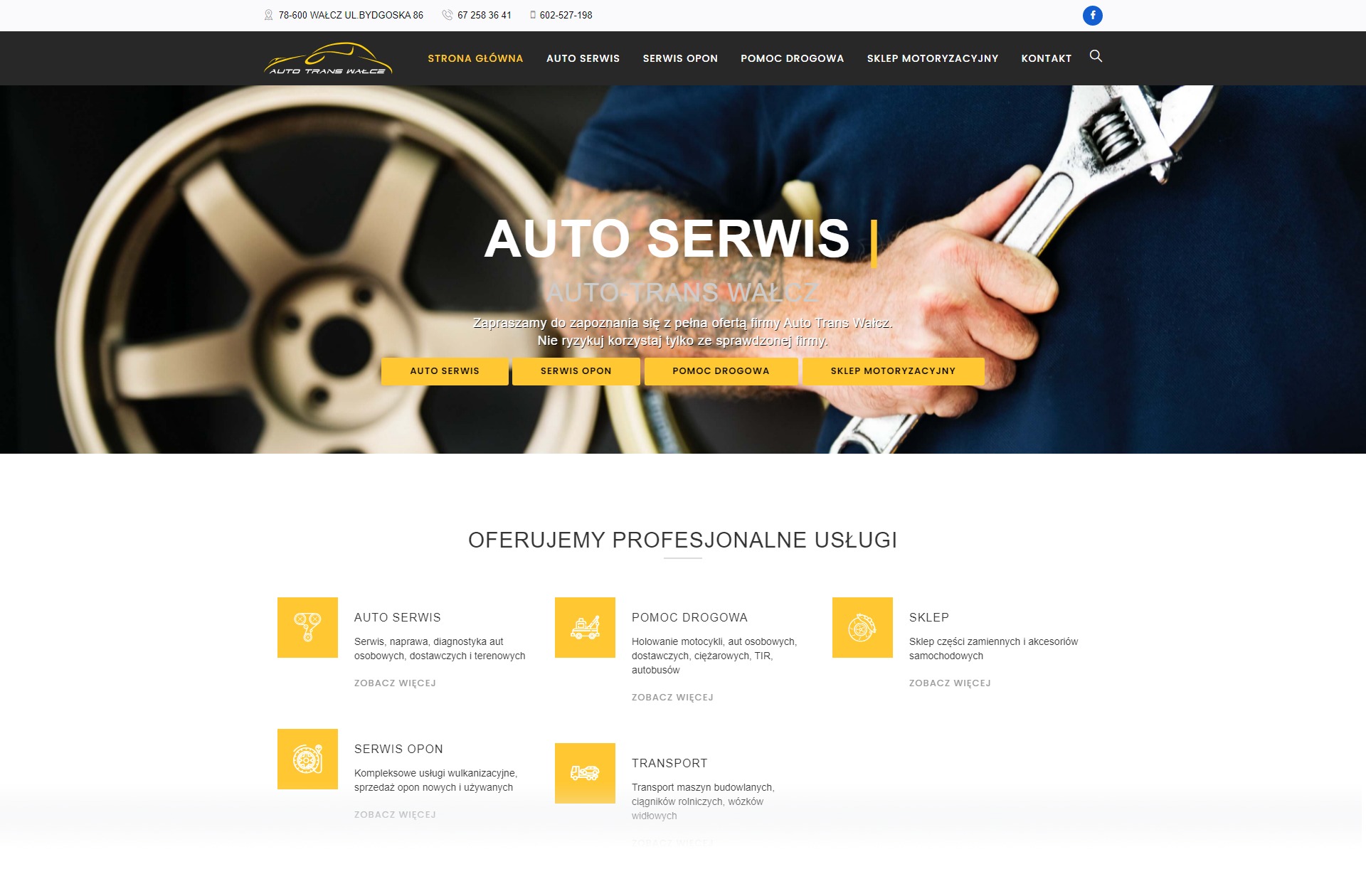 Strona internetowa firmy Auto Trans Wałcz prezentująca usługi auto serwisu, z ilustracją koła samochodowego i klucza nastawnego w tle.