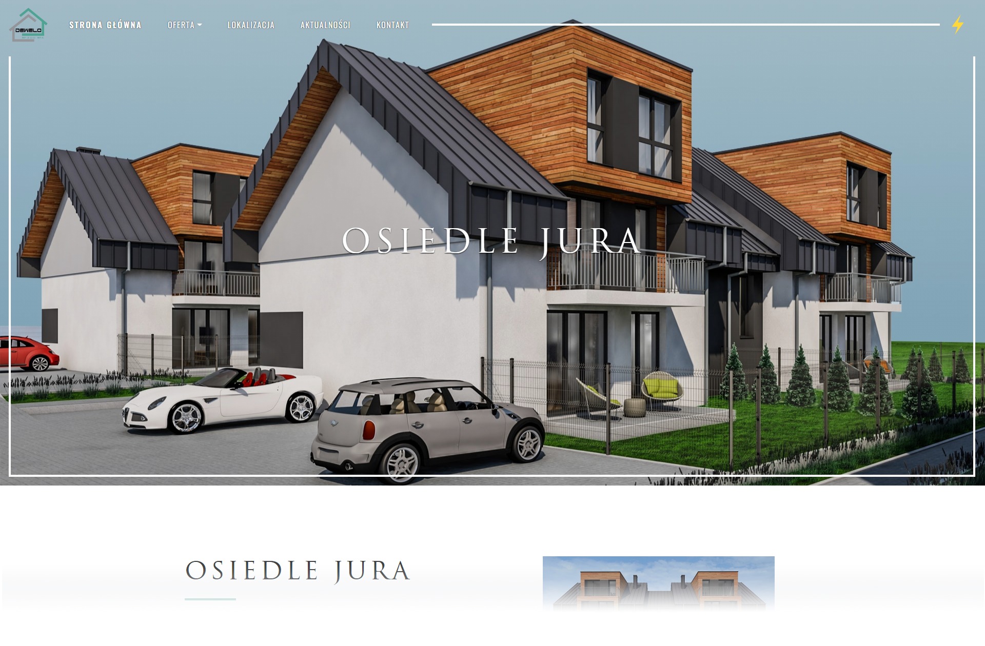 Wizualizacja architektoniczna nowoczesnego osiedla z drewnianymi elementami elewacji, zaparkowanymi samochodami i elementami małej architektury.