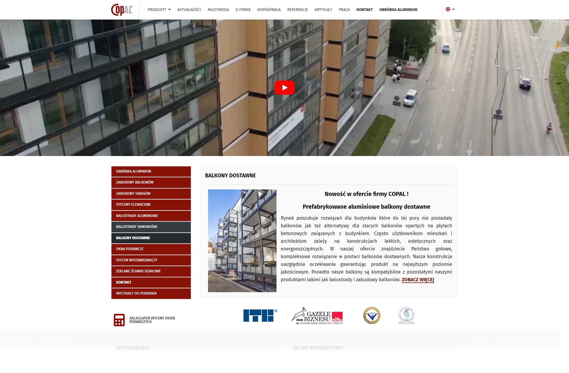 Zdjęcie strony internetowej firmy COAPL prezentującej aluminiowe balkony dostawne, z widocznym nagłówkiem, menu bocznym i fragmentem tekstu reklamowego.