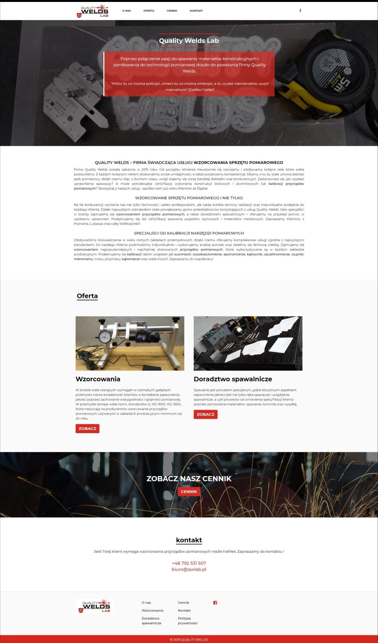 Fragment strony internetowej firmy Quality Welds Lab, prezentujący ofertę wzorcowania sprzętu pomiarowego i doradztwa spawalniczego, z widocznymi nagłówkami, tekstami opisowymi i przyciskami 'Zobacz'.