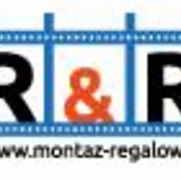 Logo firmy R&R z adresem strony montaz-regalow.pl, w kolorach czarnym i pomarańczowym, umieszczone w niebieskiej ramce imitującej taśmę filmową.