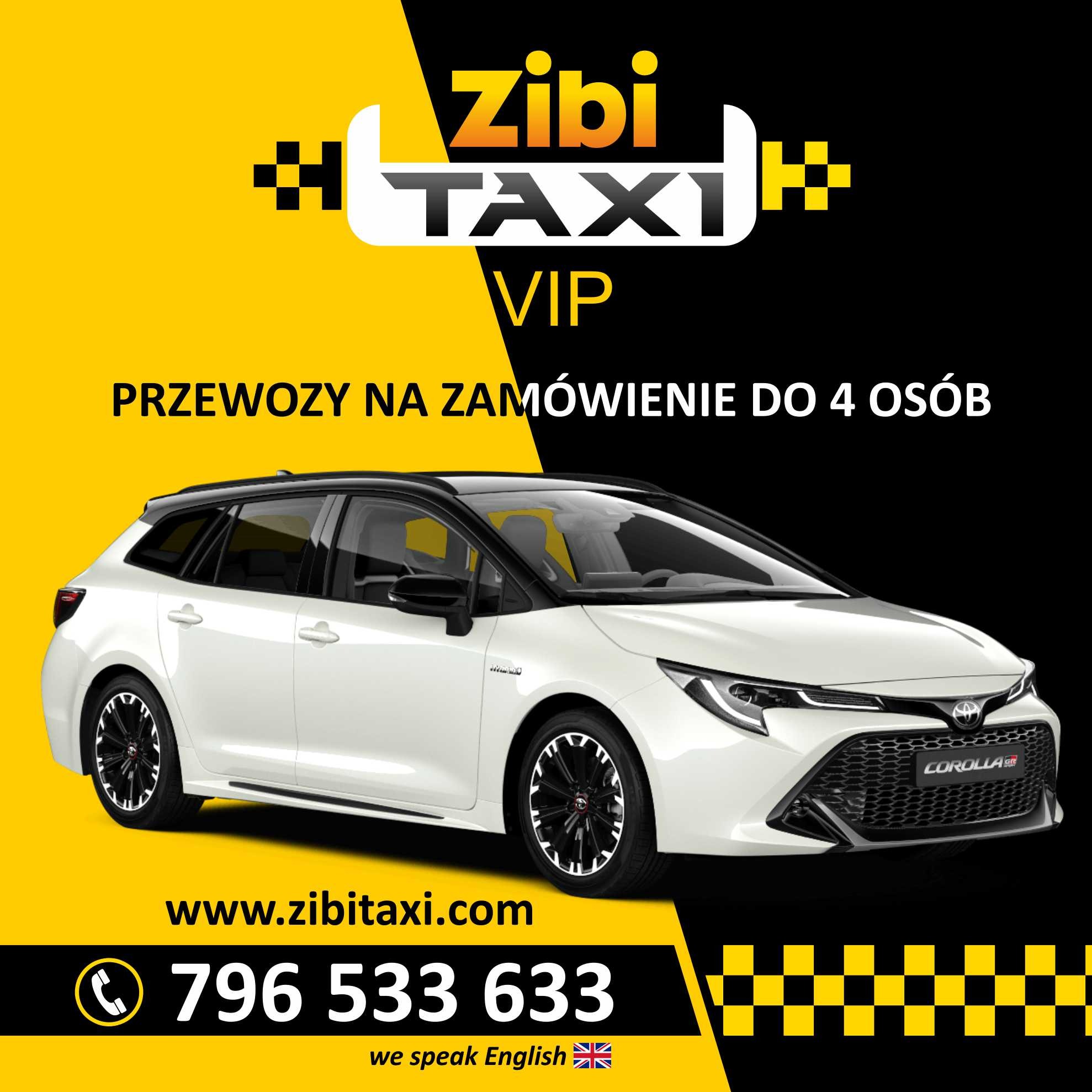Biała Toyota Corolla kombi z czarnym dachem na tle żółto-czarnej grafiki reklamowej Zibi Taxi VIP, oferującej przewozy na zamówienie do 4 osób. Kontakt i adres strony.