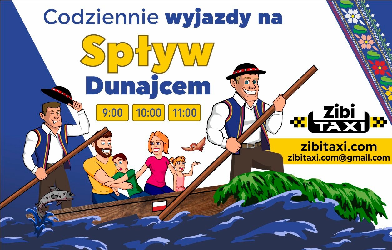 Grafika reklamowa spływu Dunajcem z postaciami w strojach regionalnych, logo Zibi Taxi i informacją o codziennych wyjazdach o 9:00, 10:00 i 11:00.