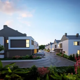 Wizualizacja szeregu nowoczesnych domów jednorodzinnych z płaskimi dachami, antracytowymi elementami i dużymi oknami, widok z poziomu gruntu na ulicę osiedlową z zaparkowanymi samochodami, zieleń...