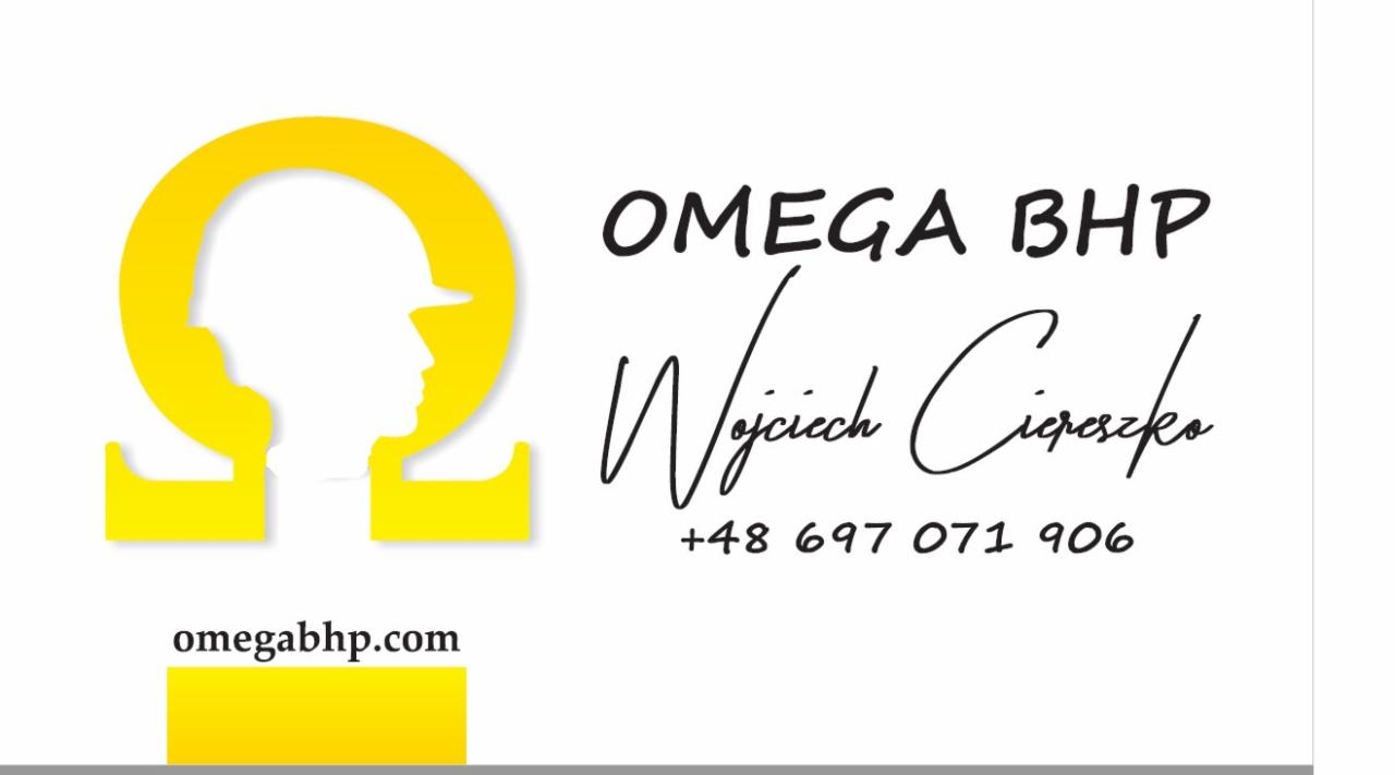 Logo firmy Omega z sylwetką osoby w kasku wpisaną w symbol omega, obok nazwa firmy, imię i nazwisko oraz numer telefonu.