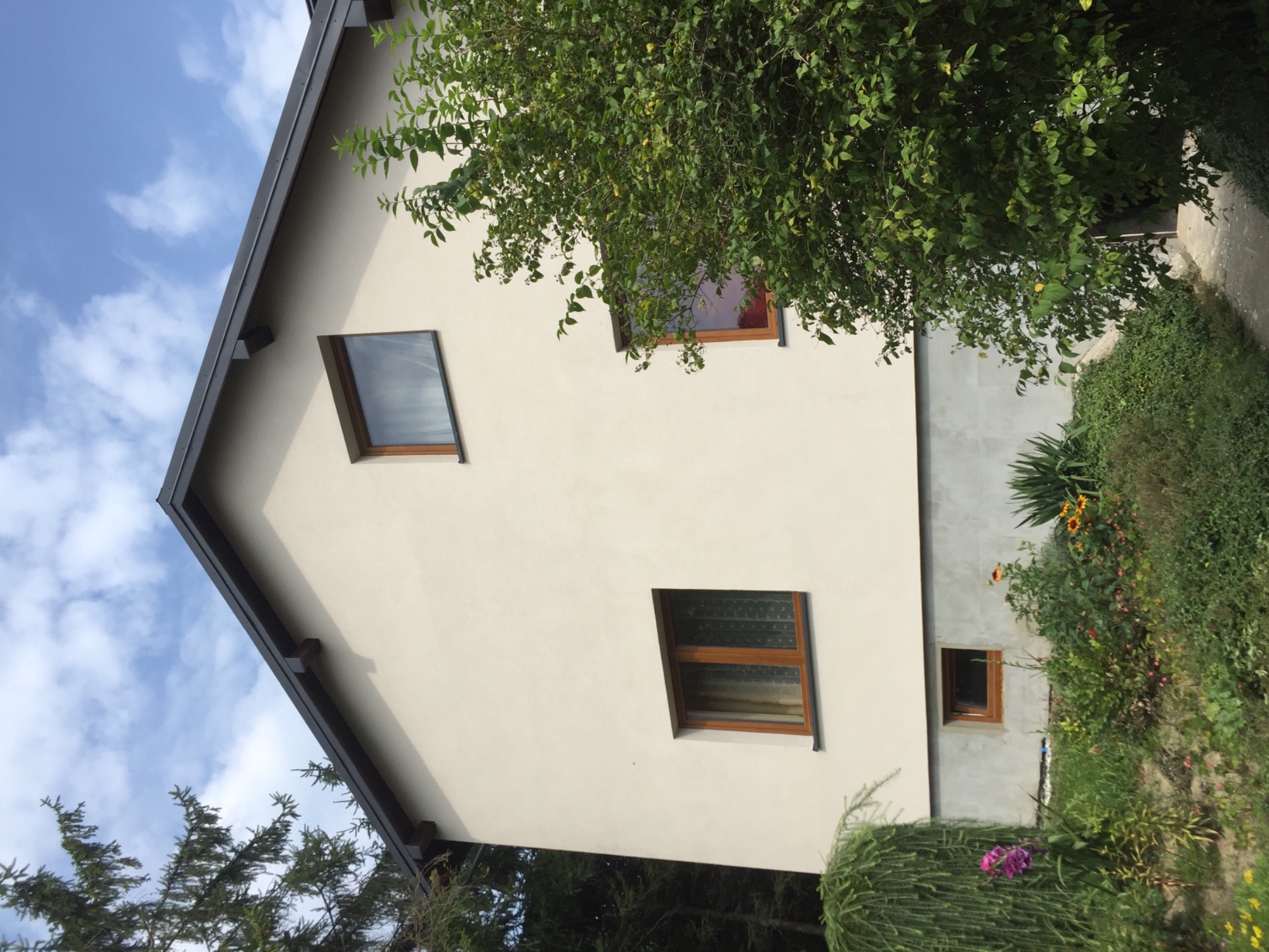 Fragment ściany domu z trzema oknami o drewnianych ramach, świeżo otynkowana, widoczna z poziomu ogrodu w słoneczny dzień.