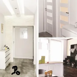 Kolaż wnętrz: jasny korytarz z ceglaną ścianą i komodą, białe drzwi z przeszkleniami, kuchnia z ciemnym blatem i drewnianymi szafkami.