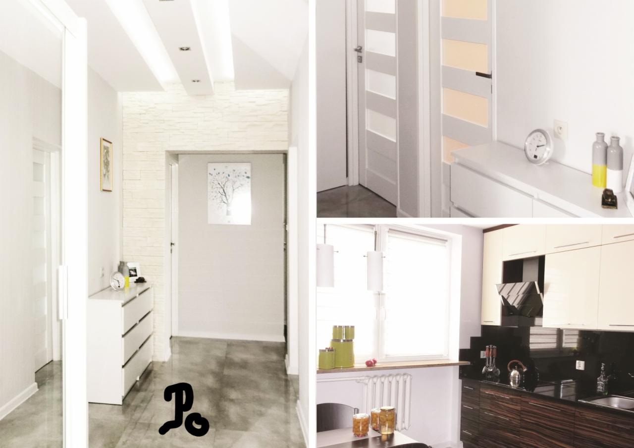 Kolaż wnętrz: jasny korytarz z ceglaną ścianą i komodą, białe drzwi z przeszkleniami, kuchnia z ciemnym blatem i drewnianymi szafkami.