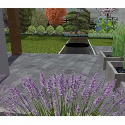 Wizualizacja ogrodu z elementami wodnymi: okrągły zbiornik wodny, kaskada wodna z roślinami, rabaty z lawendą na pierwszym planie, szary taras z kostki brukowej.