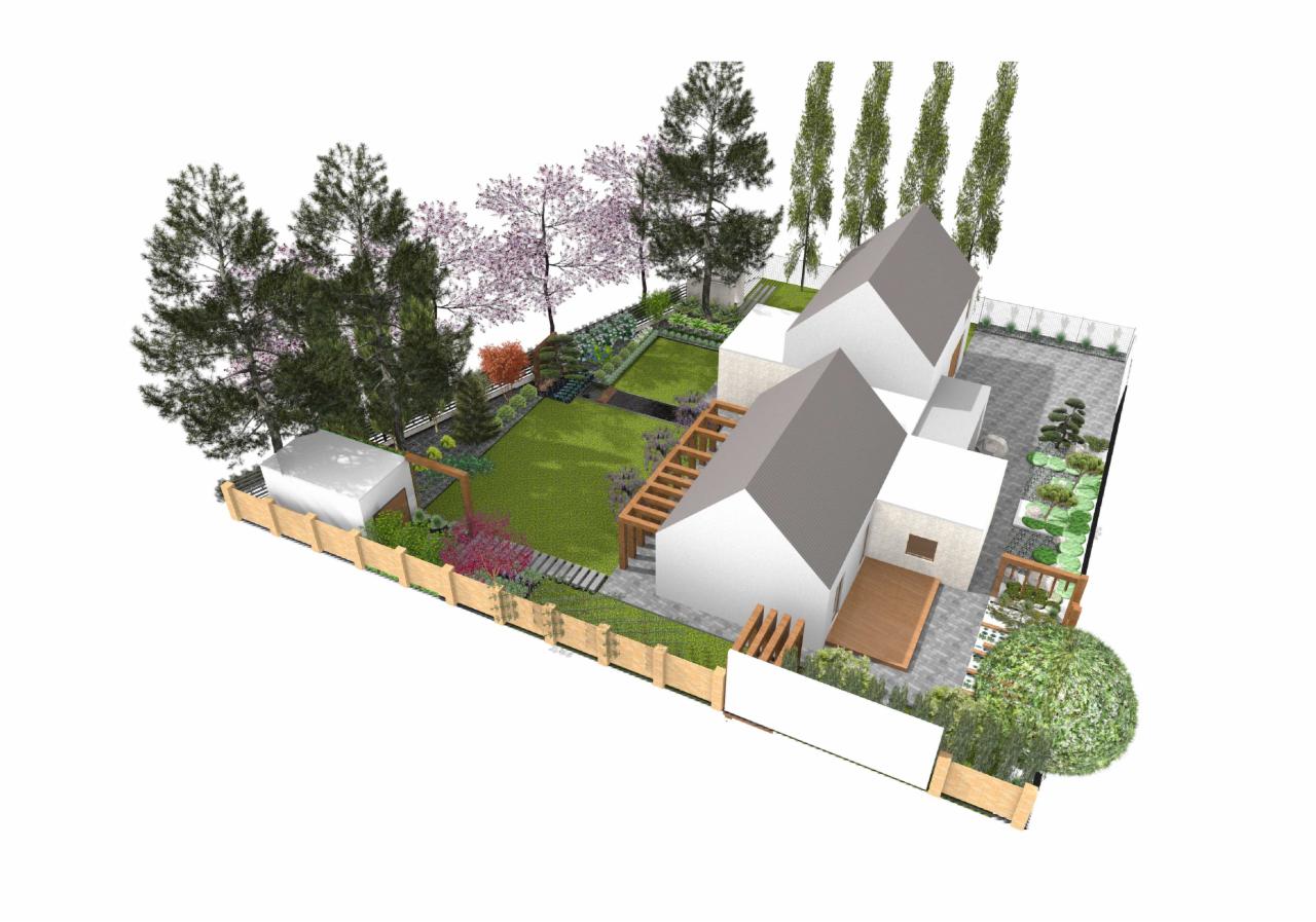Wizualizacja 3D ogrodu z domem, ukazująca drewnianą pergolę przy budynku, trawnik, rabaty kwiatowe, drzewa liściaste i iglaste oraz drewniany płot.