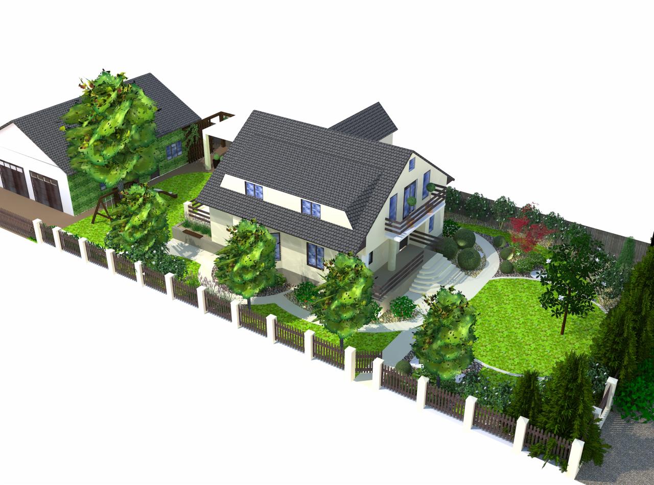 Wizualizacja 3D domu jednorodzinnego z zagospodarowanym ogrodem, widok z góry, prezentujący ścieżki, trawnik, roślinność, ogrodzenie i elementy małej architektury.