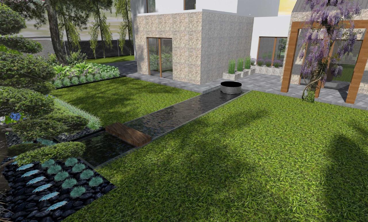 Wizualizacja ogrodu z nowoczesną architekturą, elementami wodnymi i bujną zielenią. W tle budynek z kamienną elewacją i drewniana pergola z kwitnącą glicynią.