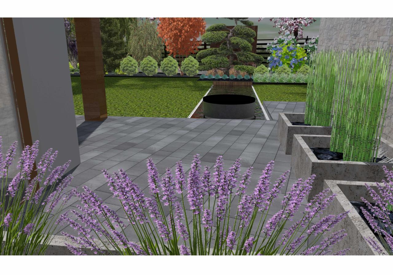 Wizualizacja ogrodu z elementami wodnymi: okrągły zbiornik wodny, kaskada wodna z roślinami, rabaty z lawendą na pierwszym planie, szary taras z kostki brukowej.