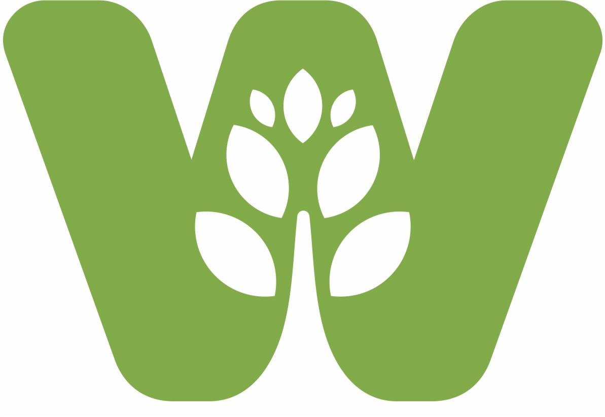 Zielone logo w kształcie litery W z motywem roślinnym wewnątrz.