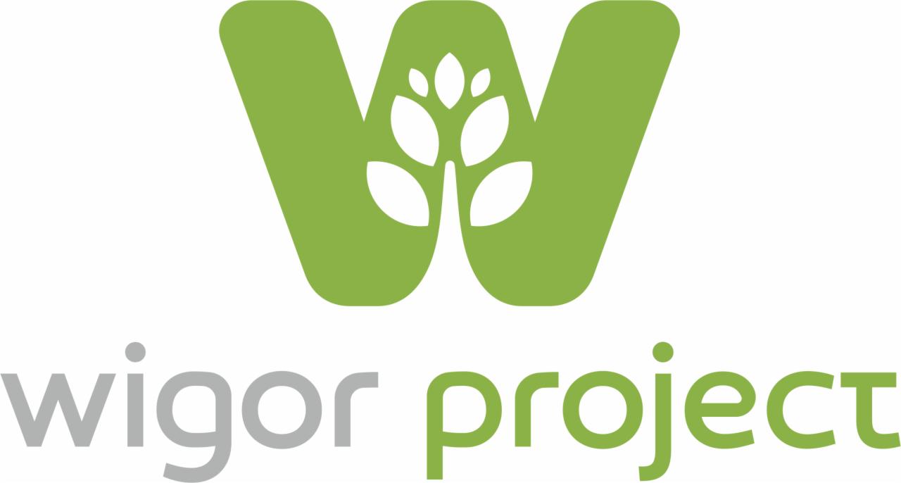 Logo firmy Wigor Project. Zielona litera W z motywem liści wewnątrz, poniżej nazwa firmy w kolorach szarym i zielonym.
