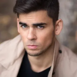 Portret młodego mężczyzny z krótkimi, ciemnymi włosami, w beżowym płaszczu i czarnej koszulce, z intensywnym spojrzeniem skierowanym wprost, na tle rozmytej, ceglanej ściany.