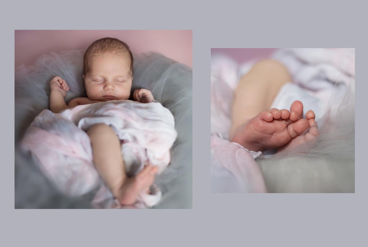 Noworodek śpiący spokojnie, owinięty w delikatny, różowo-biały materiał, obok zbliżenie na małe stópki na tle miękkiego, szarego tiulu.