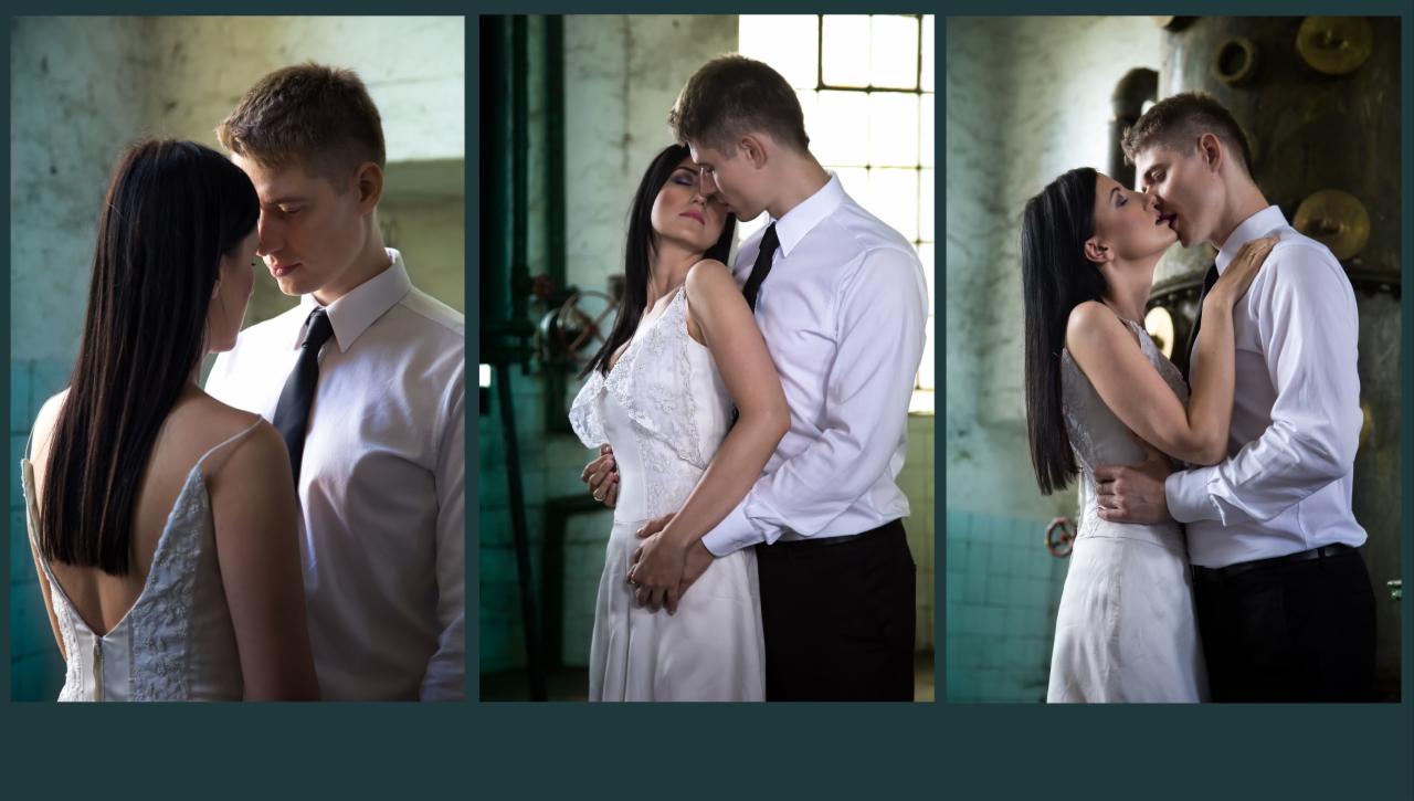 Kolaż trzech ujęć pary: zbliżenie na twarze, objęcie w talii, pocałunek na tle industrialnego wnętrza z rurami i oknem.