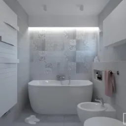 Nowoczesna łazienka w odcieniach szarości z wolnostojącą wanną, bidetem i grzejnikiem drabinkowym. Na ścianie dekoracyjne płytki z patchworkowym wzorem i wnęka z kosmetykami. Minimalistyczne...