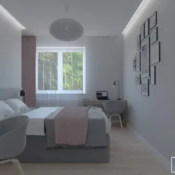 Wizualizacja sypialni z szarą tapetą, łóżkiem z szarą narzutą i różowym pledem, biurkiem z laptopem przy oknie, galerią czarno-białych zdjęć na ścianie i lampą z okrągłym podświetleniem przy toaletce.