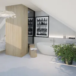 Jasne poddasze: łazienka z wanną i sypialnia z łóżkiem, oddzielone szafą. Skosy, okna dachowe i minimalistyczny wystrój tworzą przestronne, nowoczesne wnętrze.