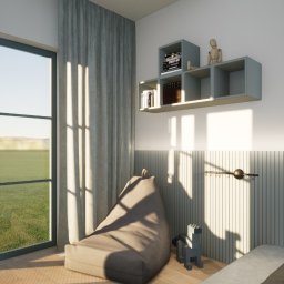 Simple Form Renia Bartoszek - Jasne wnętrze pokoju z beżowym pufem, szarą zasłoną i półkami na ścianie. Naturalne światło wpada przez okno, oświetlając drewnianą podłogę i minimalistyczny dekor.